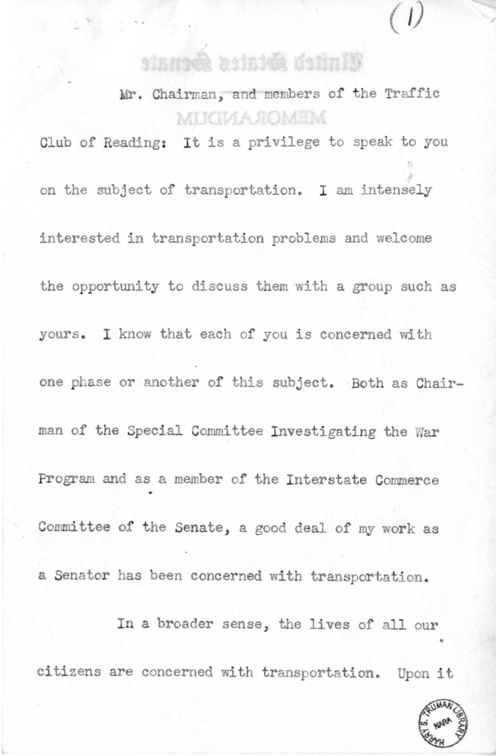 Speech of Senator Harry S. Truman Before the Traffic Club at Reading, Pennsylvania