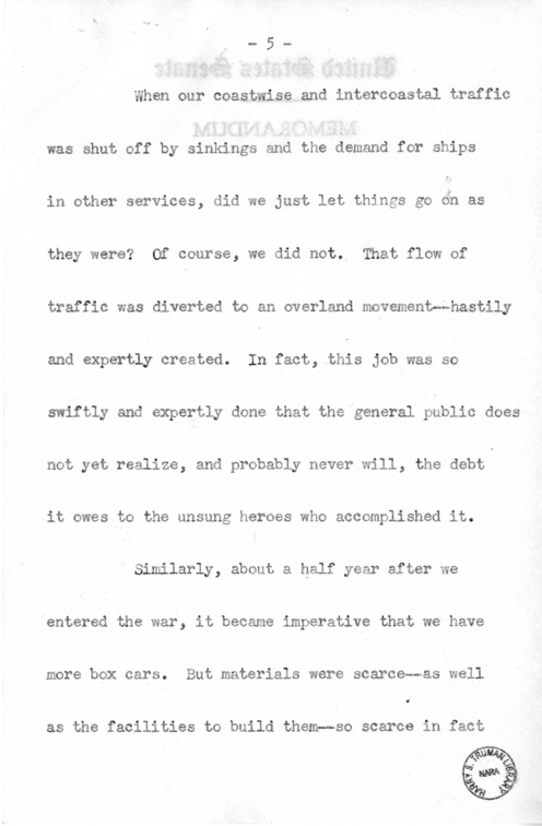 Speech of Senator Harry S. Truman Before the Traffic Club at Reading, Pennsylvania