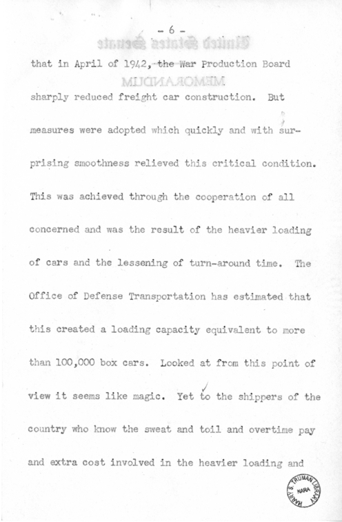 Speech of Senator Harry S. Truman Before the Traffic Club at Reading, Pennsylvania