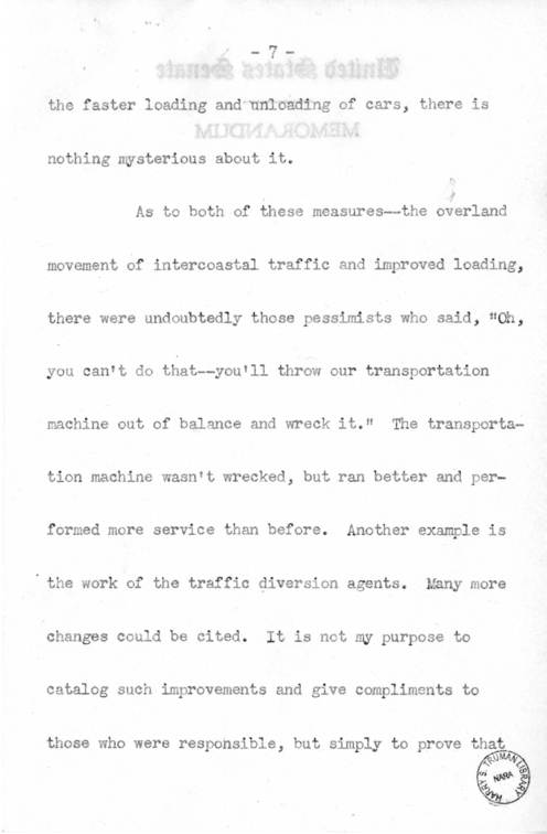 Speech of Senator Harry S. Truman Before the Traffic Club at Reading, Pennsylvania