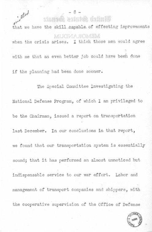 Speech of Senator Harry S. Truman Before the Traffic Club at Reading, Pennsylvania