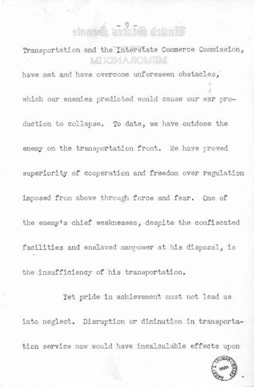 Speech of Senator Harry S. Truman Before the Traffic Club at Reading, Pennsylvania