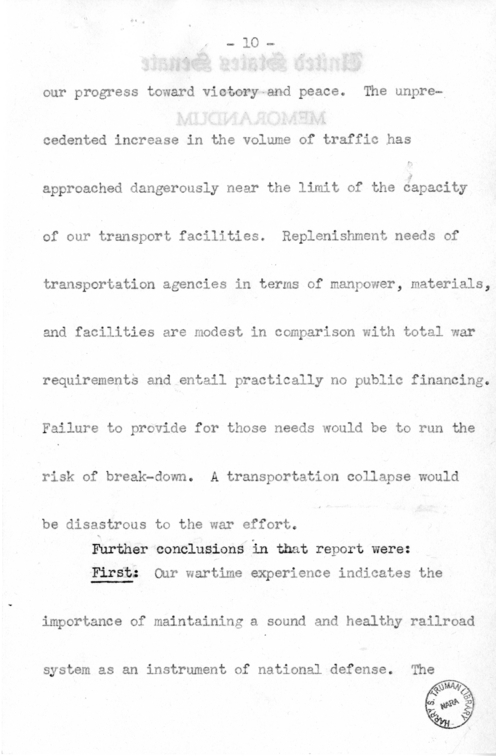 Speech of Senator Harry S. Truman Before the Traffic Club at Reading, Pennsylvania
