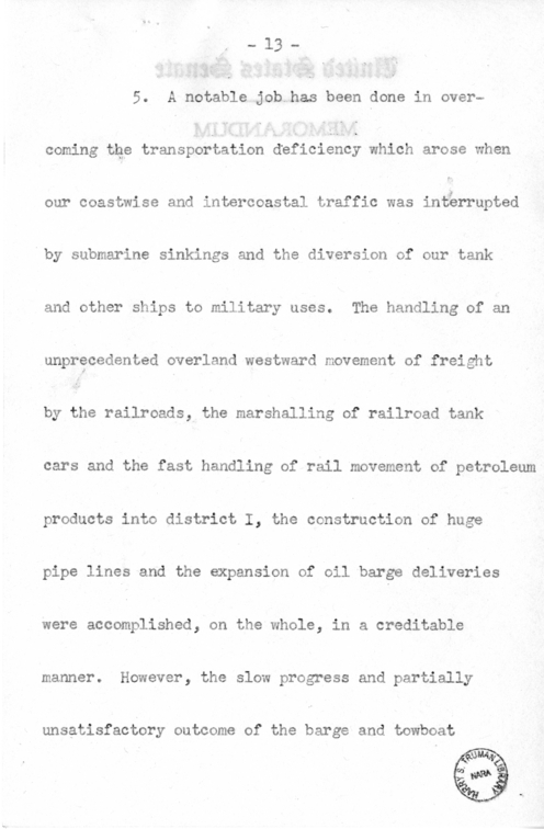 Speech of Senator Harry S. Truman Before the Traffic Club at Reading, Pennsylvania