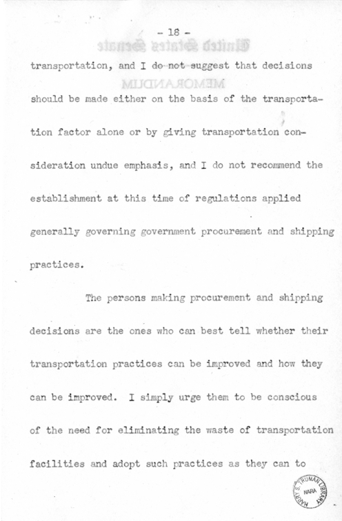 Speech of Senator Harry S. Truman Before the Traffic Club at Reading, Pennsylvania