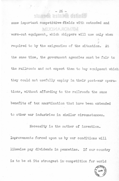 Speech of Senator Harry S. Truman Before the Traffic Club at Reading, Pennsylvania