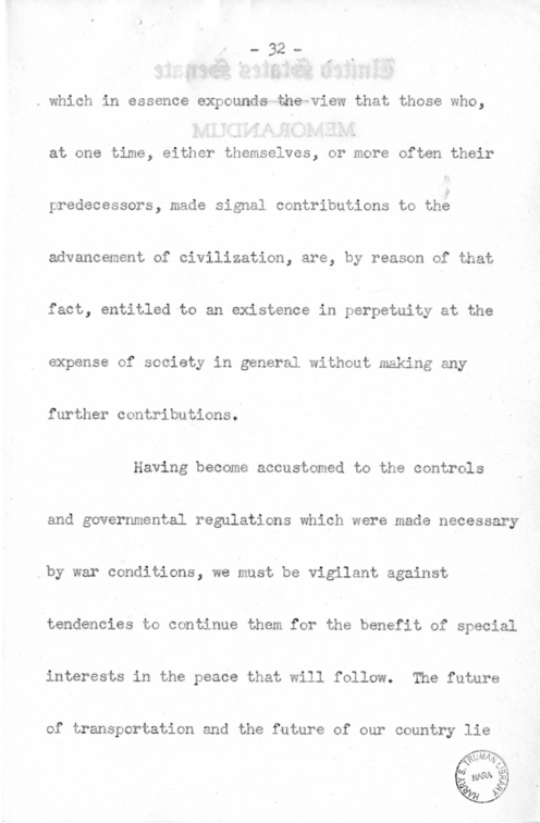 Speech of Senator Harry S. Truman Before the Traffic Club at Reading, Pennsylvania