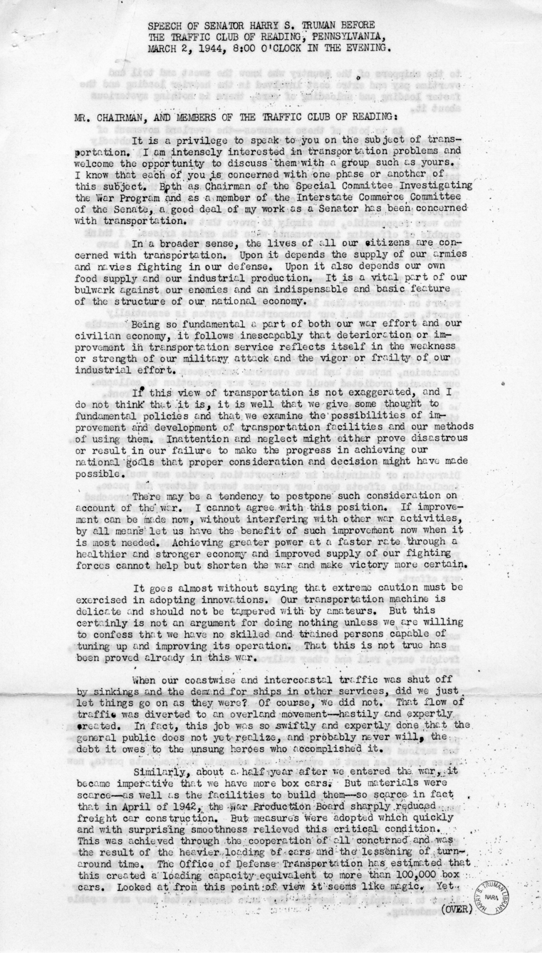 Speech of Senator Harry S. Truman Before the Traffic Club at Reading, Pennsylvania