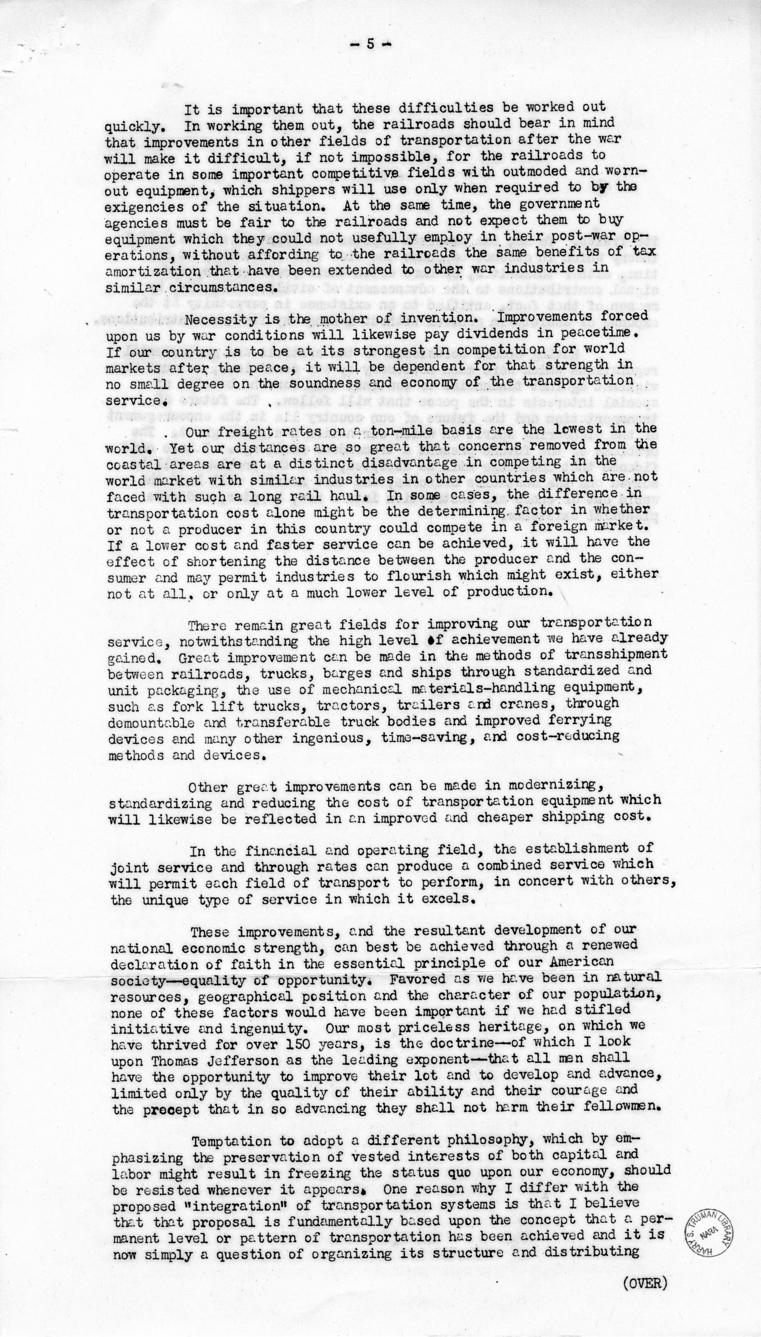 Speech of Senator Harry S. Truman Before the Traffic Club at Reading, Pennsylvania