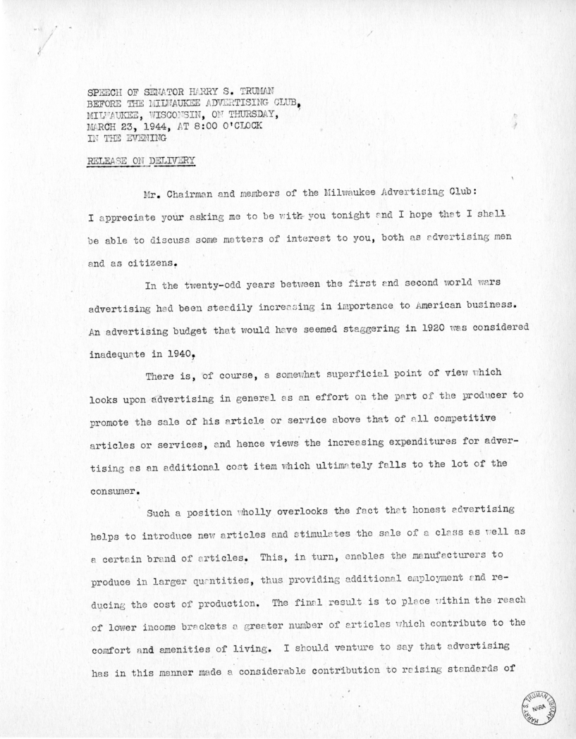 Speech of Senator Harry S. Truman at Milwaukee, Wisconsin