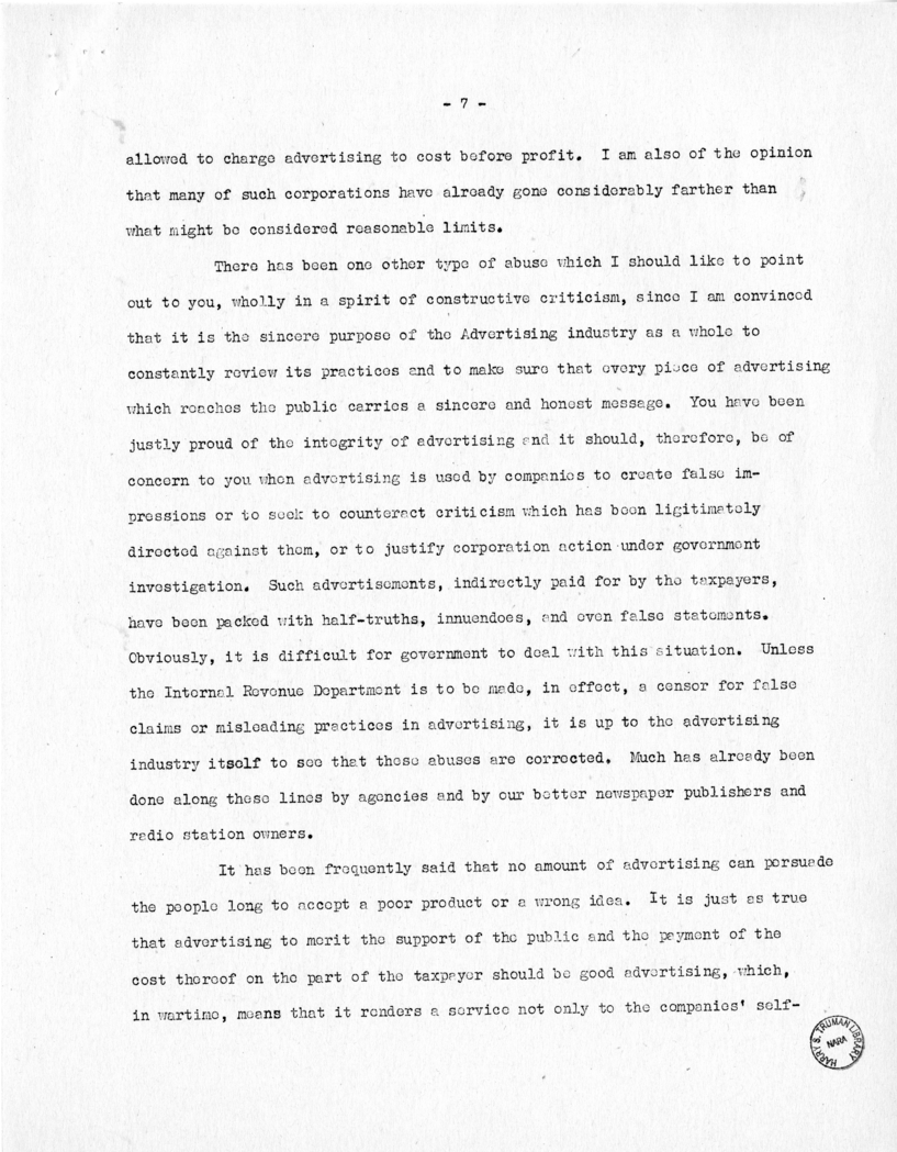 Speech of Senator Harry S. Truman at Milwaukee, Wisconsin