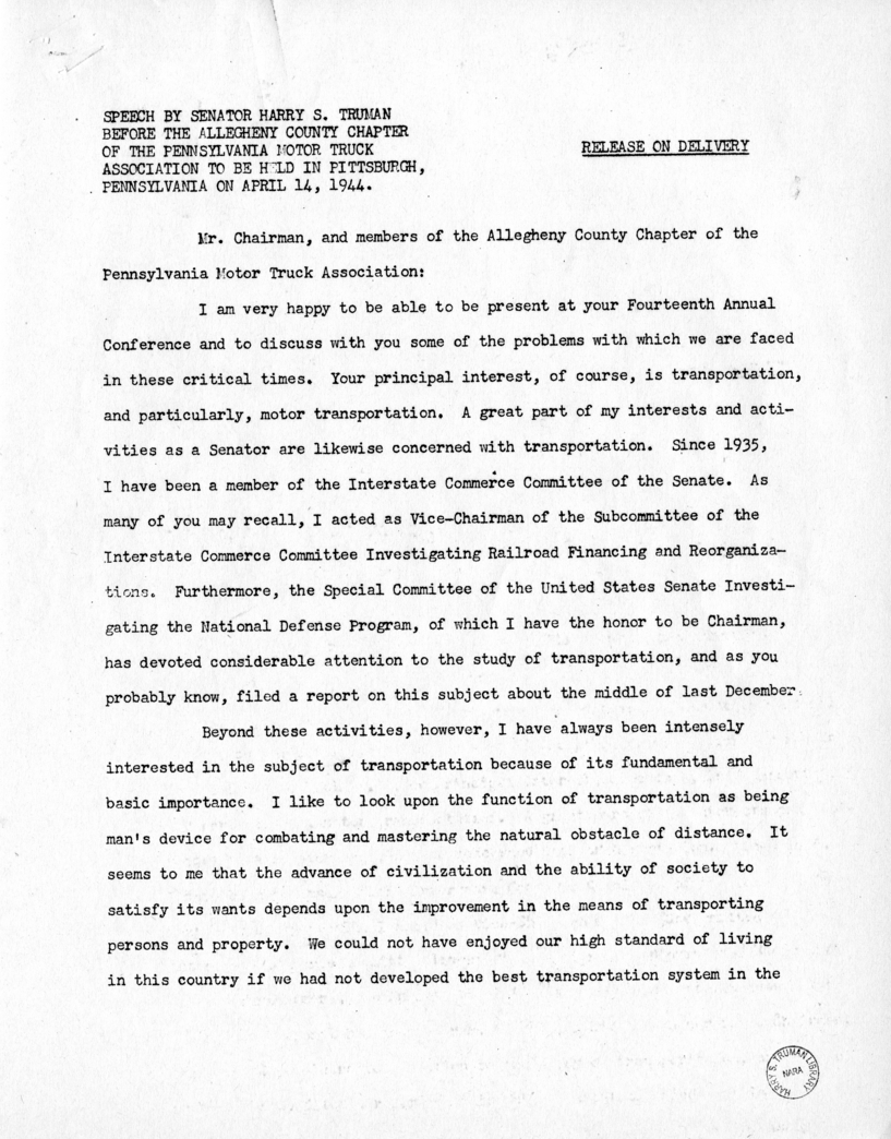 Speech of Senator Harry S. Truman Before the Allegheny Chapter of the Pennsylvania Motor Truck Association at Pittsburgh, Pennsylvania