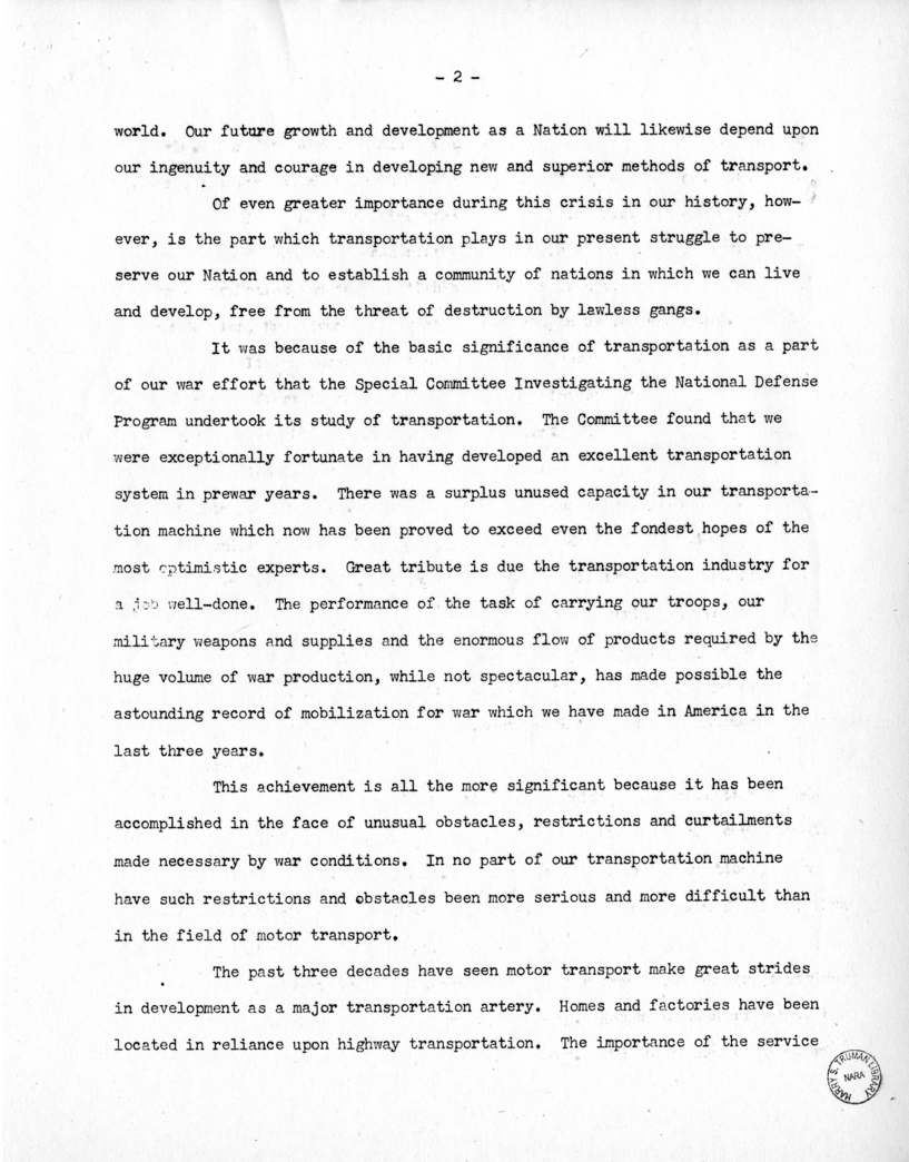Speech of Senator Harry S. Truman Before the Allegheny Chapter of the Pennsylvania Motor Truck Association at Pittsburgh, Pennsylvania