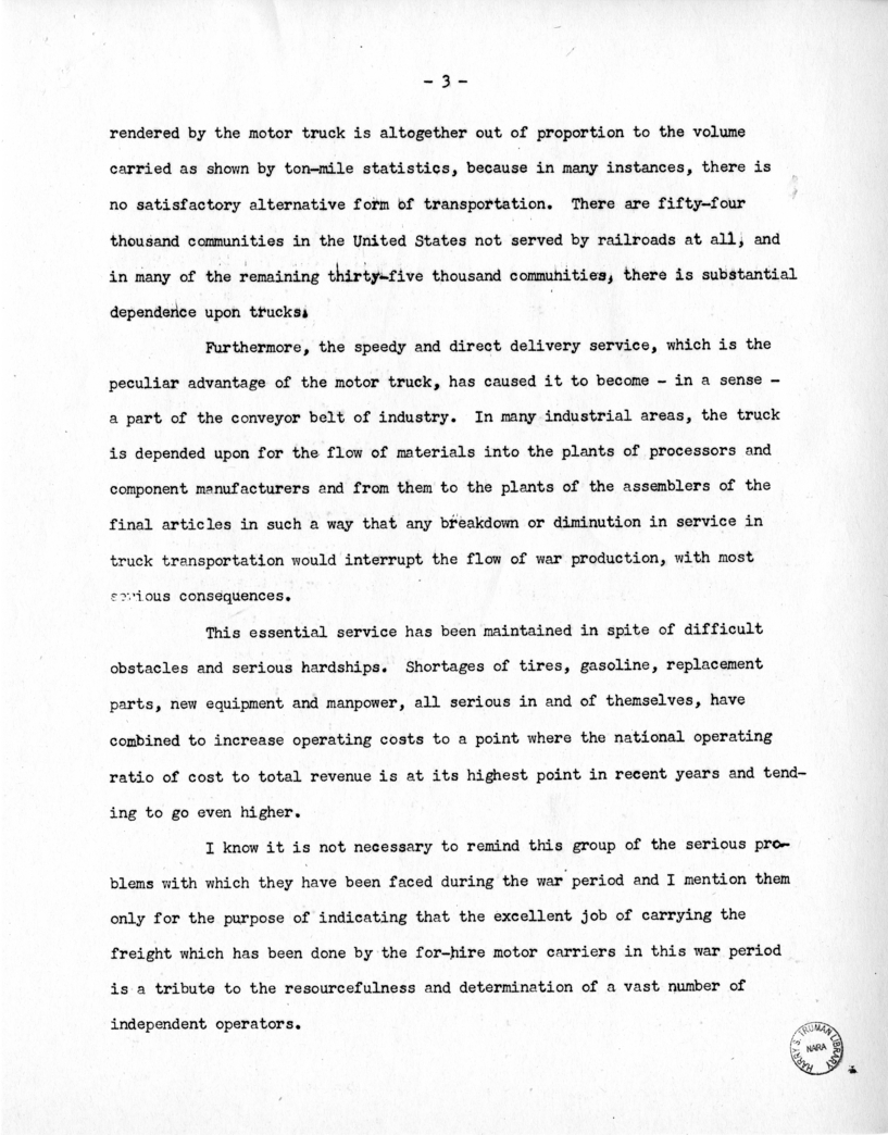 Speech of Senator Harry S. Truman Before the Allegheny Chapter of the Pennsylvania Motor Truck Association at Pittsburgh, Pennsylvania