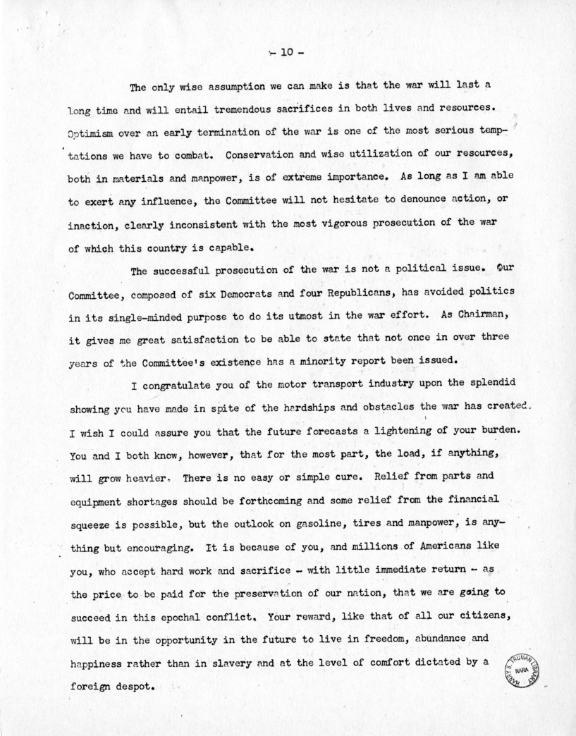 Speech of Senator Harry S. Truman Before the Allegheny Chapter of the Pennsylvania Motor Truck Association at Pittsburgh, Pennsylvania