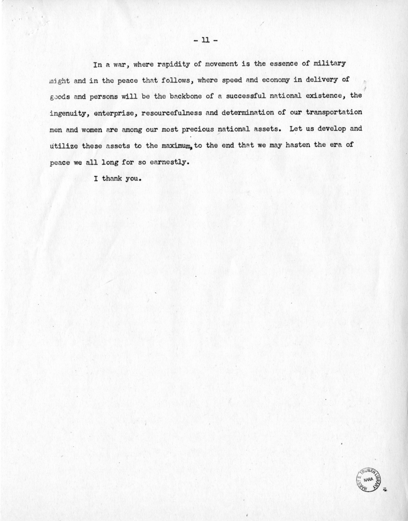 Speech of Senator Harry S. Truman Before the Allegheny Chapter of the Pennsylvania Motor Truck Association at Pittsburgh, Pennsylvania