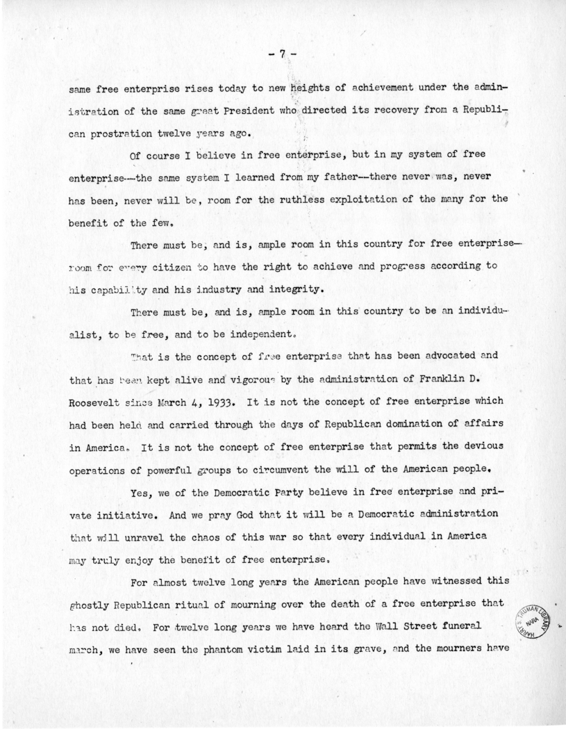 Speech of Senator Harry S. Truman at York, Pennsylvania