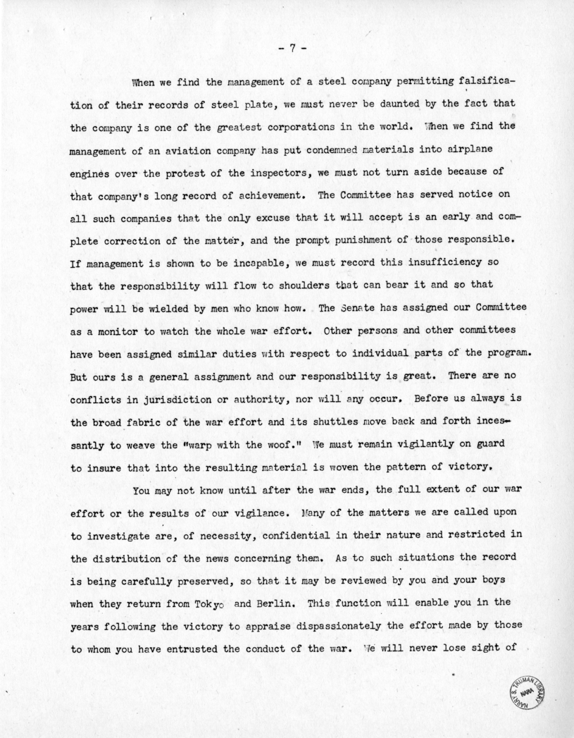 Speech of Senator Harry S. Truman at Trenton, New jersey