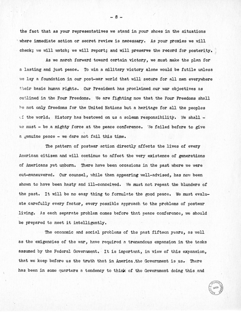 Speech of Senator Harry S. Truman at Before the Mount Washington Lodge, Kansas City, Missouri