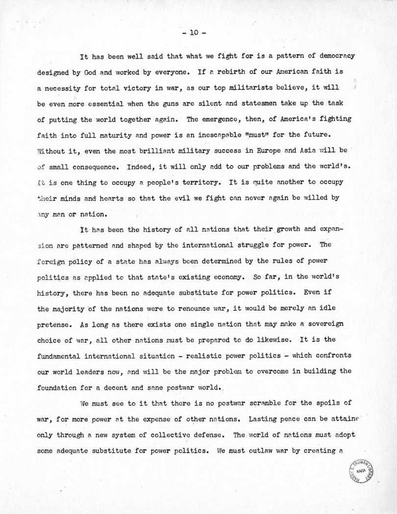 Speech of Senator Harry S. Truman at Before the Mount Washington Lodge, Kansas City, Missouri