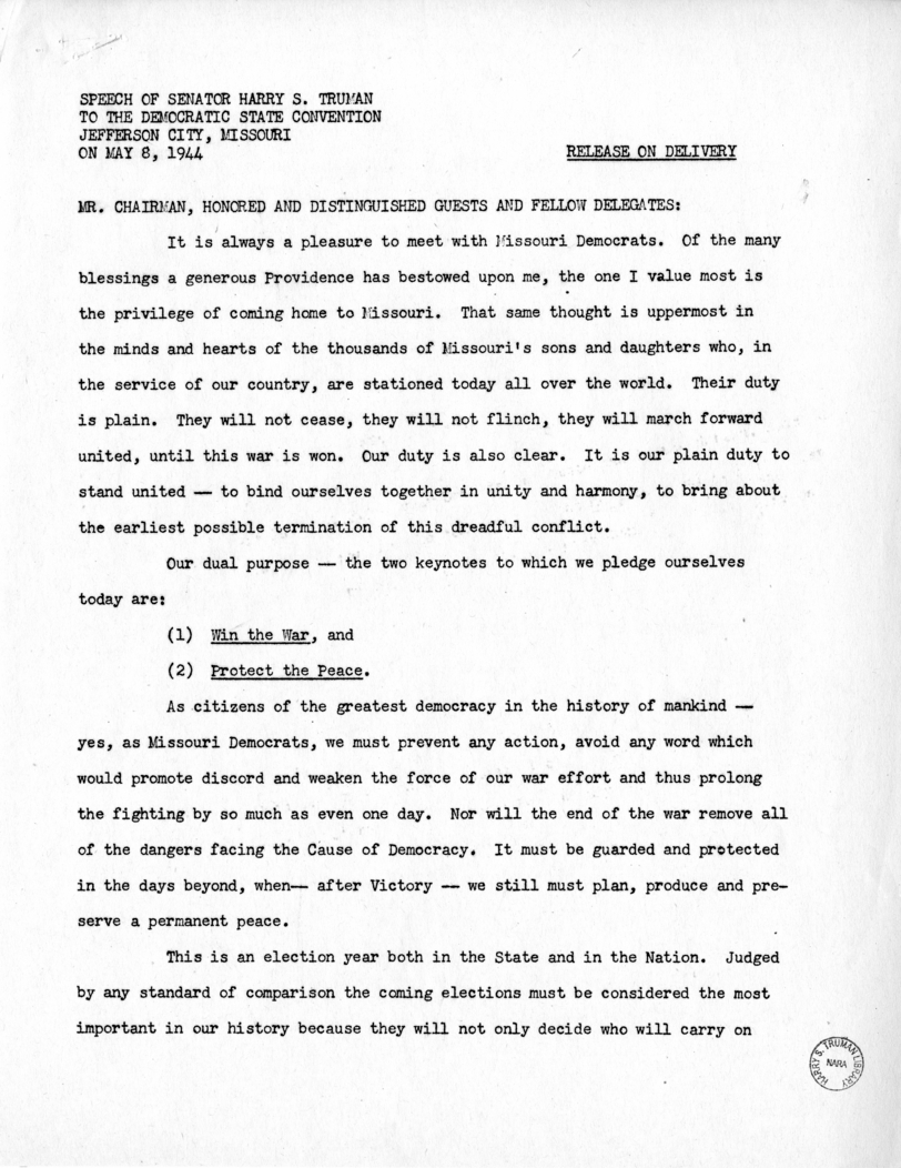 Speech of Senator Harry S. Truman to the Democratic State Convention at Jefferson City, Missouri