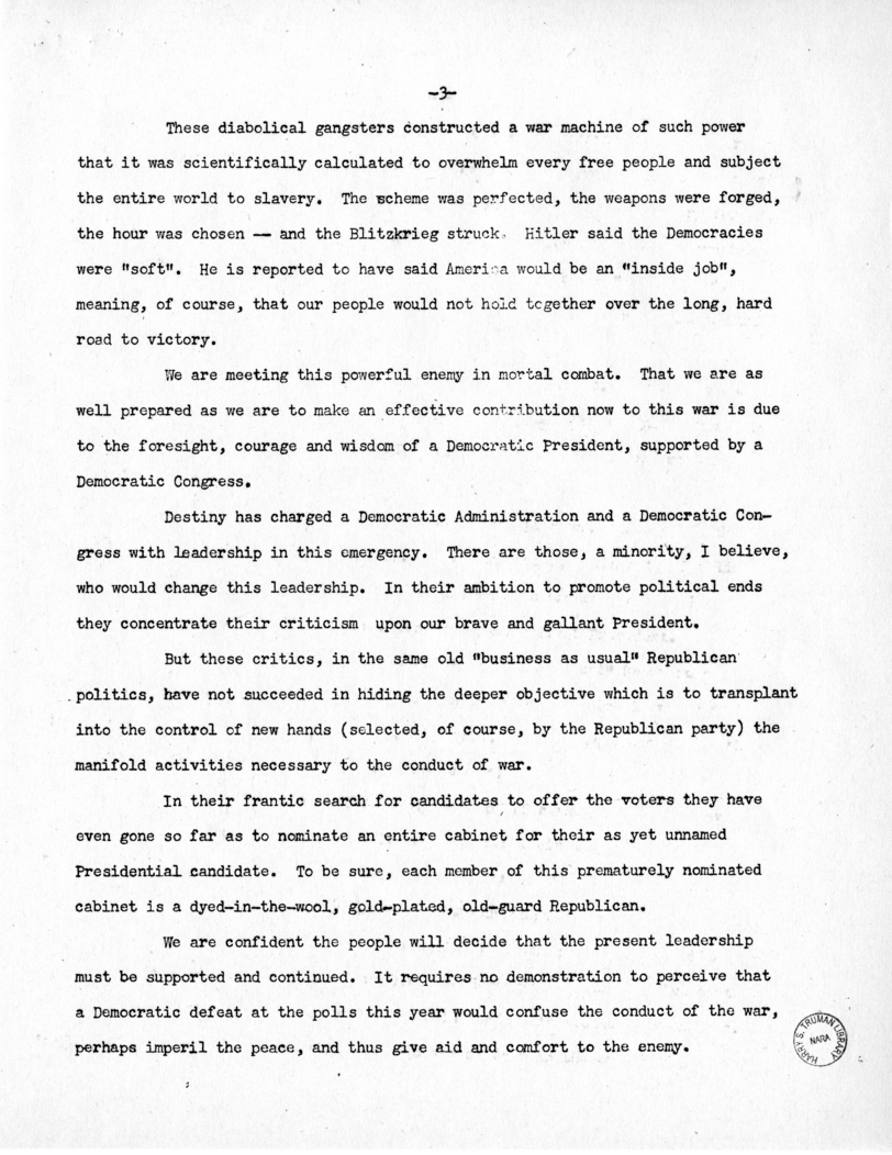 Speech of Senator Harry S. Truman to the Democratic State Convention at Jefferson City, Missouri
