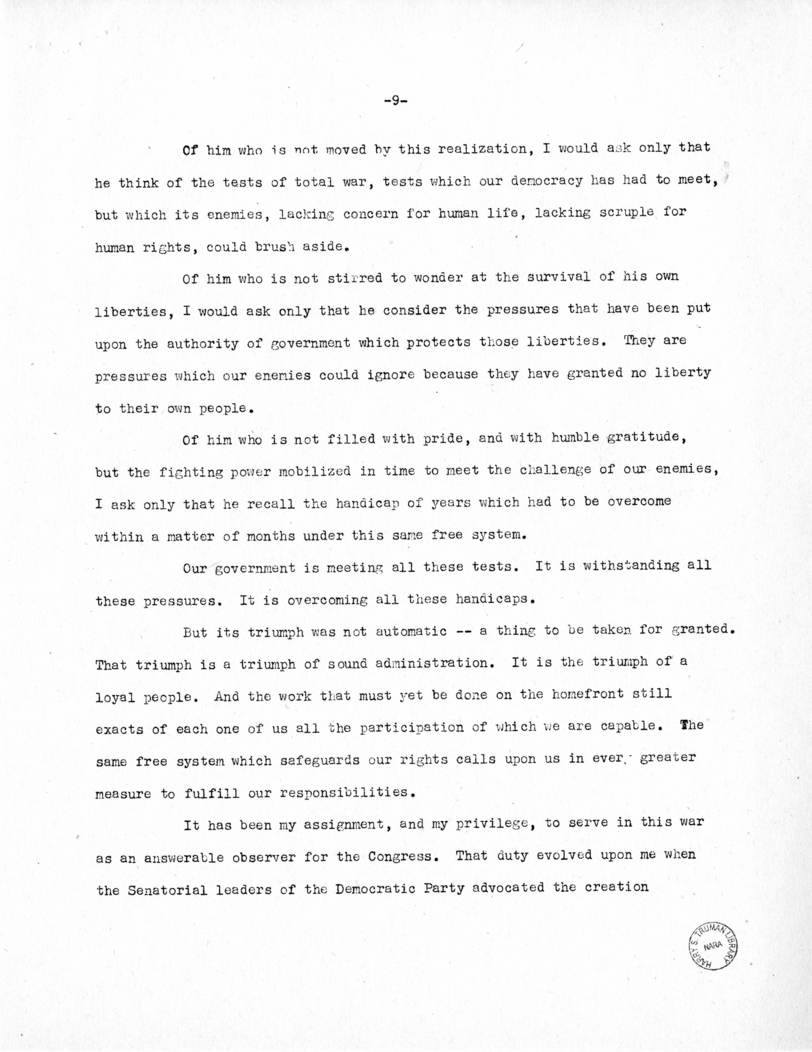 Speech of Senator Harry S. Truman to the Democratic State Convention at Jefferson City, Missouri