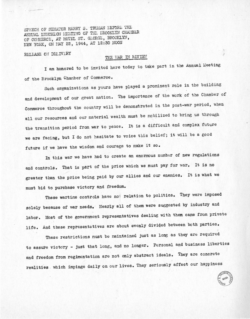 Speech of Senator Harry S. Truman at Before the Brooklyn Chamber of Commerce at Brooklyn, New York