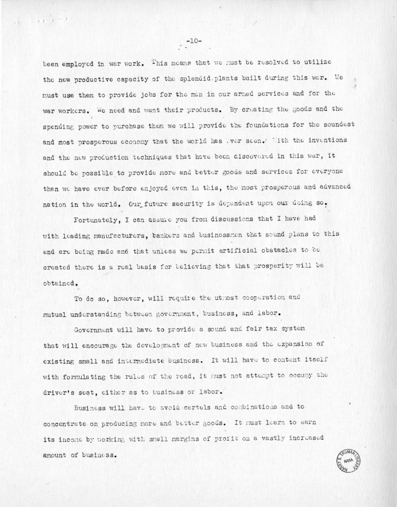 Speech of Senator Harry S. Truman at Before the Brooklyn Chamber of Commerce at Brooklyn, New York