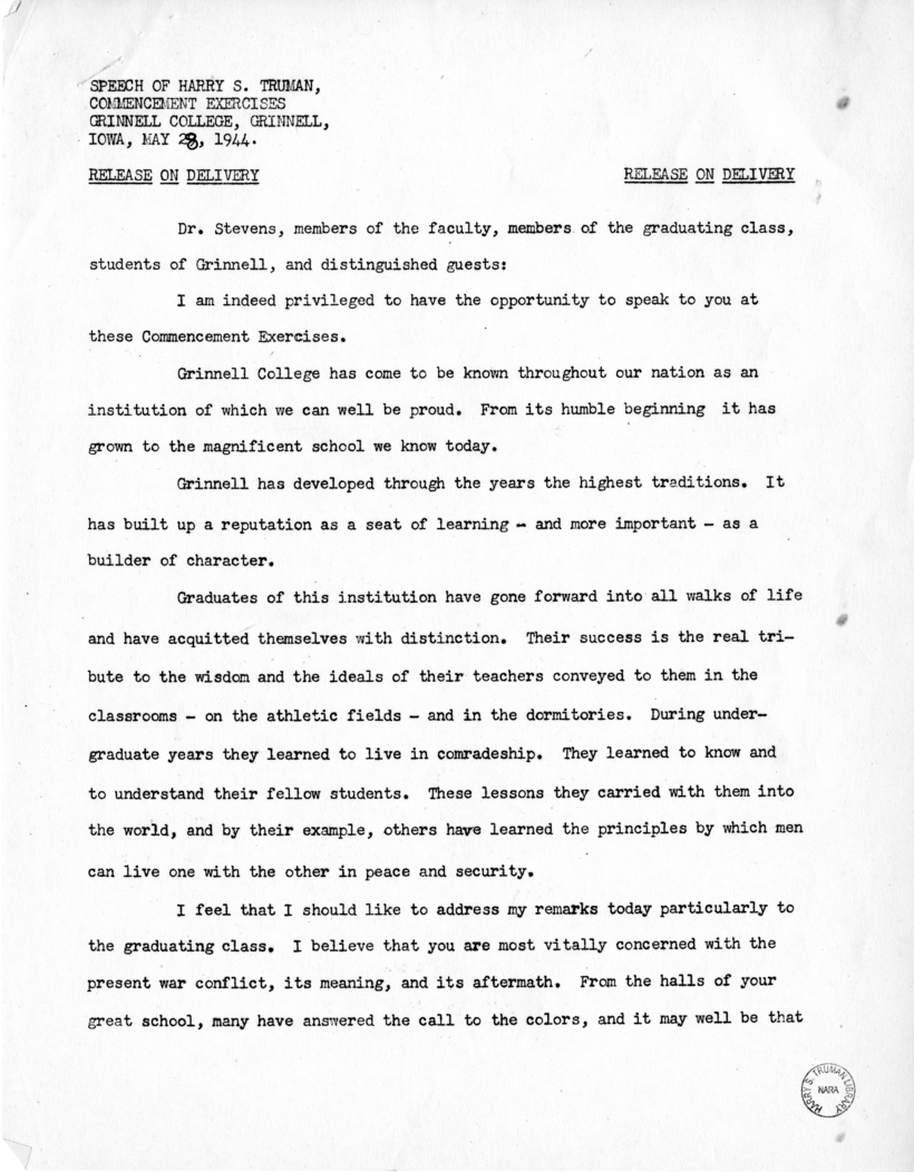 Speech of Senator Harry S. Truman at Grinnell, Iowa