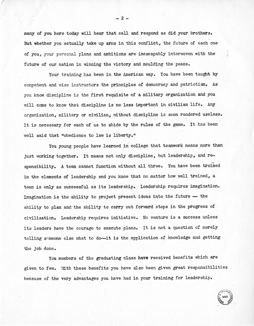 Speech of Senator Harry S. Truman at Grinnell, Iowa