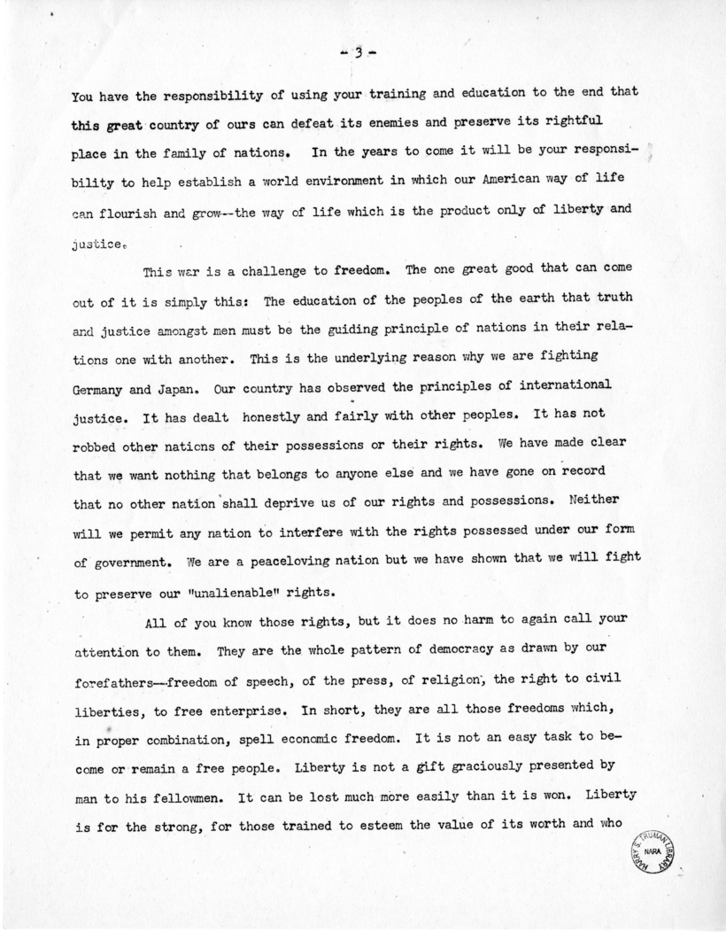 Speech of Senator Harry S. Truman at Grinnell, Iowa