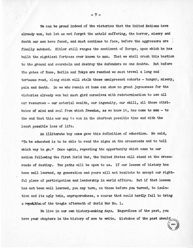Speech of Senator Harry S. Truman at Grinnell, Iowa