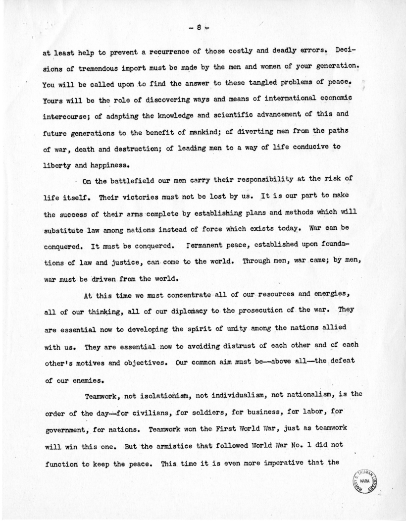 Speech of Senator Harry S. Truman at Grinnell, Iowa