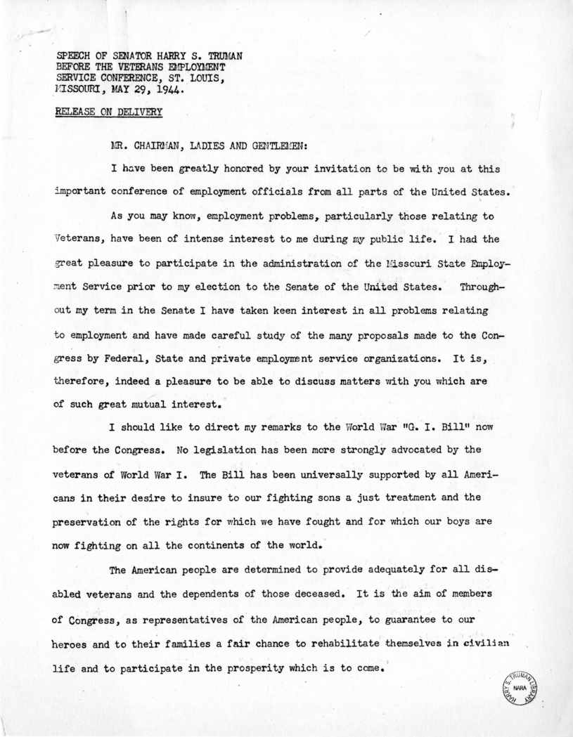 Speech of Senator Harry S. Truman Before the Veterans Employment Service Conference at St. Louis, Missouri