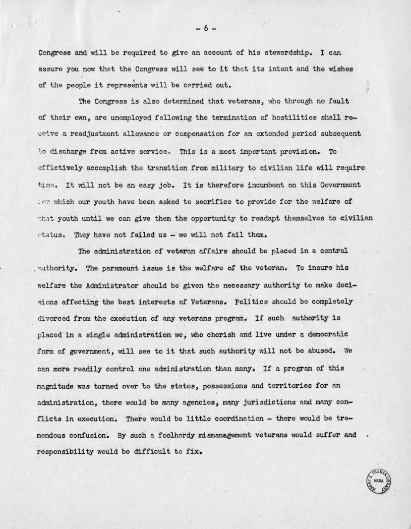 Speech of Senator Harry S. Truman Before the Veterans Employment Service Conference at St. Louis, Missouri