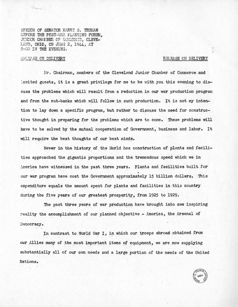 Speech of Senator Harry S. Truman Before the Post-War Planning Forum, Junior Chamber of Commerce at Cleveland, Ohio