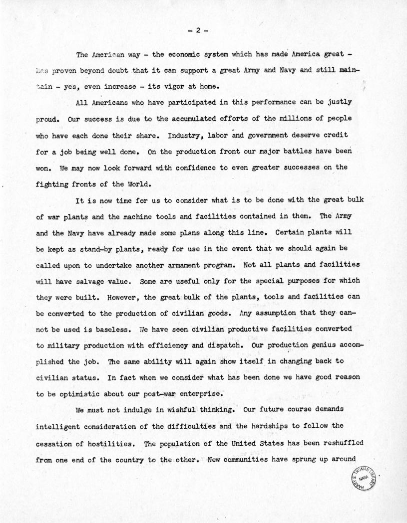 Speech of Senator Harry S. Truman Before the Post-War Planning Forum, Junior Chamber of Commerce at Cleveland, Ohio