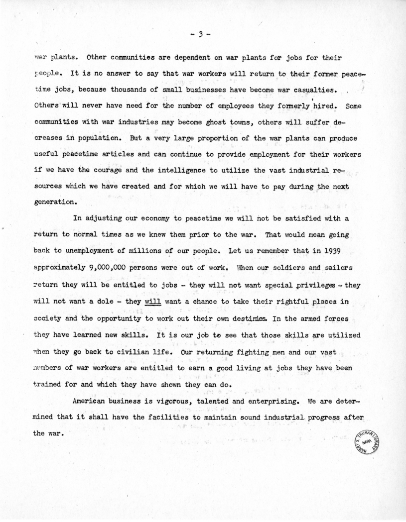 Speech of Senator Harry S. Truman Before the Post-War Planning Forum, Junior Chamber of Commerce at Cleveland, Ohio