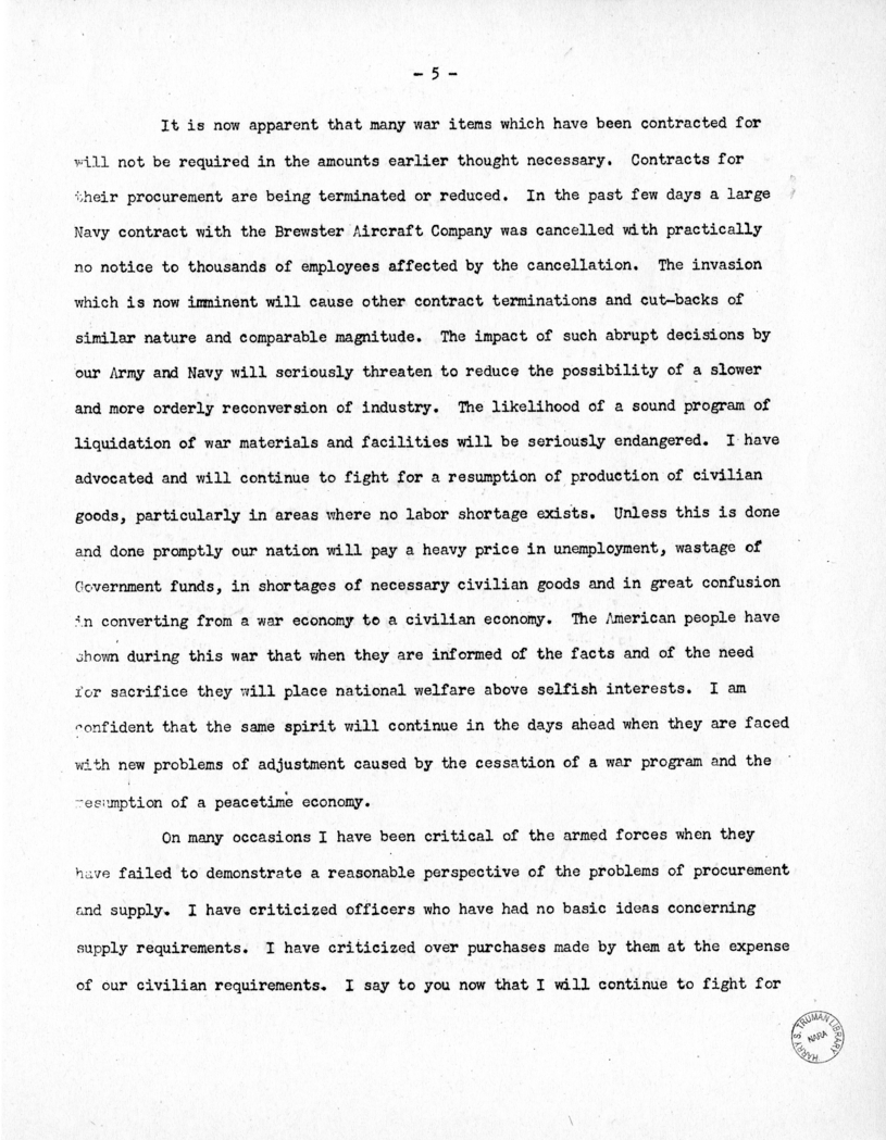 Speech of Senator Harry S. Truman Before the Post-War Planning Forum, Junior Chamber of Commerce at Cleveland, Ohio