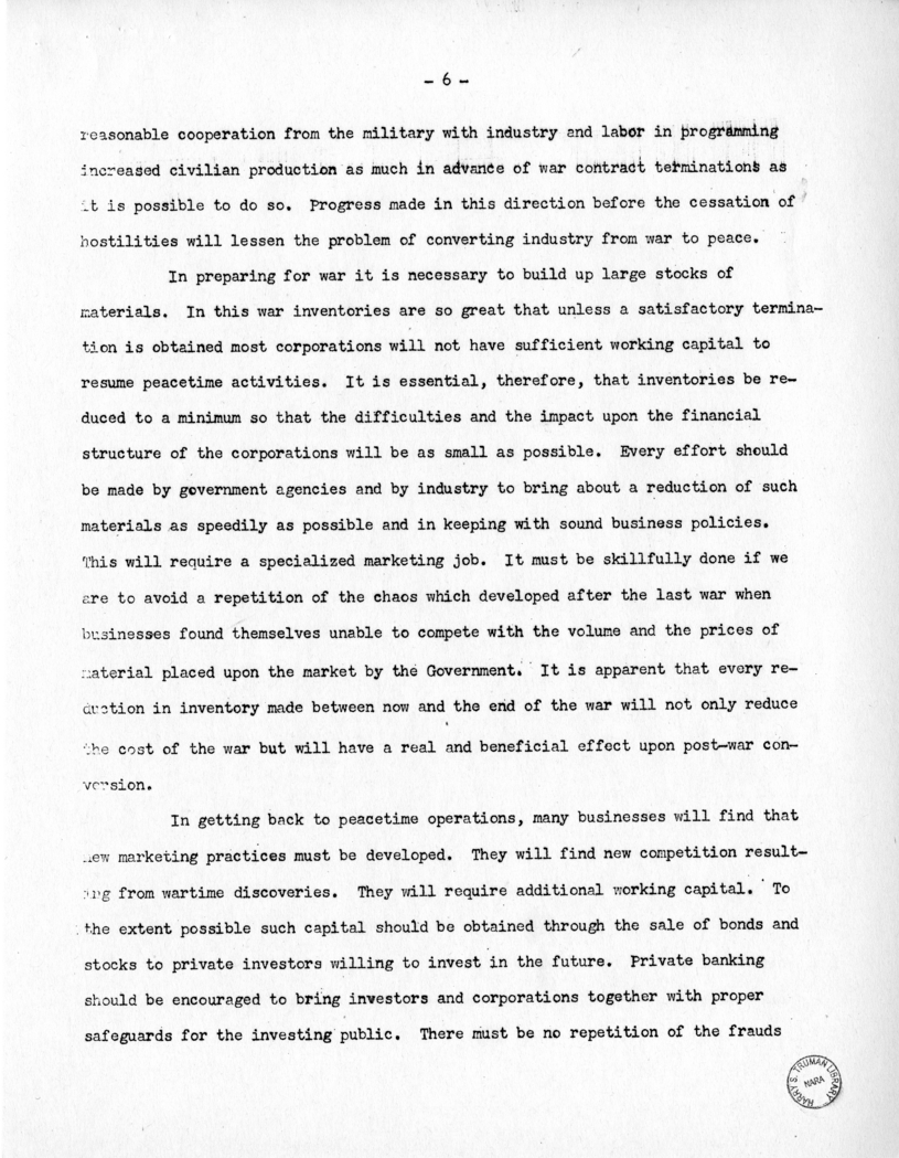 Speech of Senator Harry S. Truman Before the Post-War Planning Forum, Junior Chamber of Commerce at Cleveland, Ohio