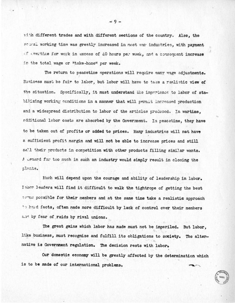 Speech of Senator Harry S. Truman Before the Post-War Planning Forum, Junior Chamber of Commerce at Cleveland, Ohio