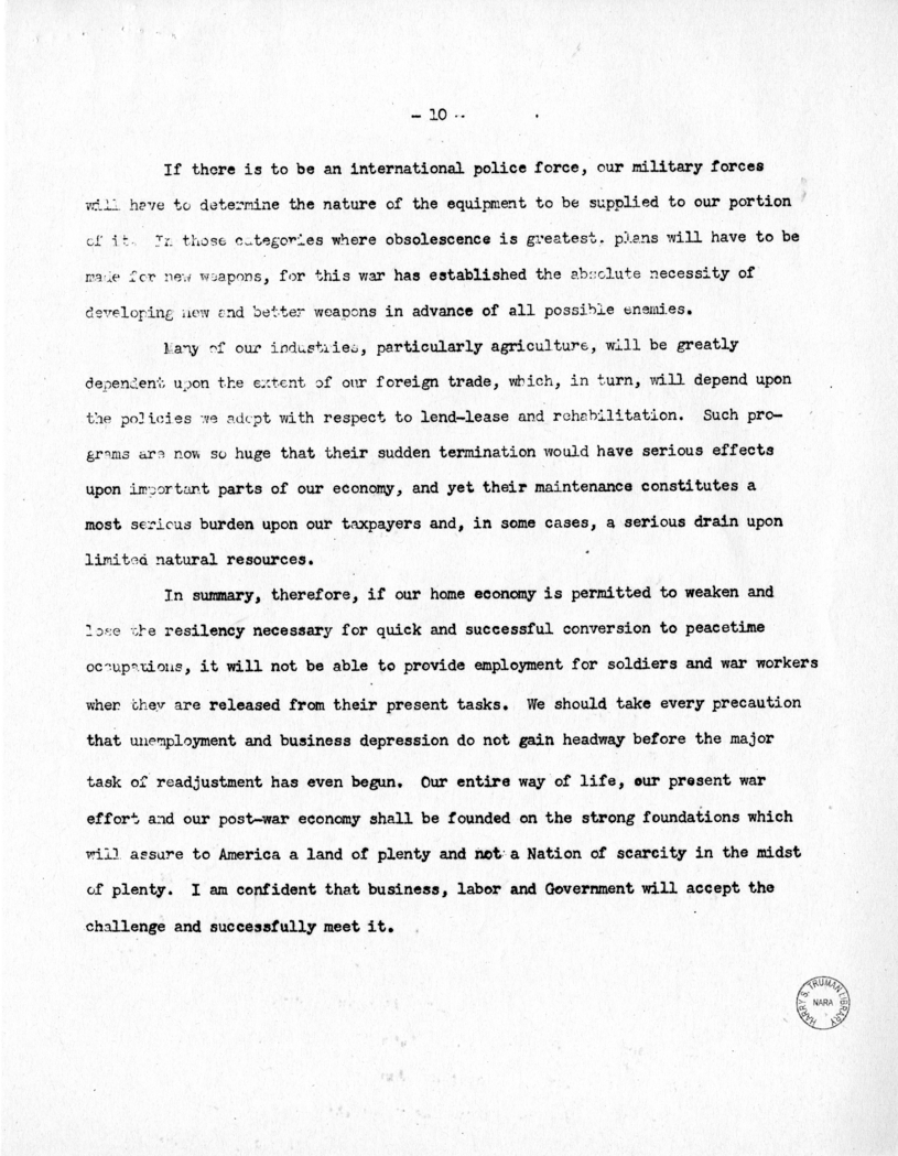 Speech of Senator Harry S. Truman Before the Post-War Planning Forum, Junior Chamber of Commerce at Cleveland, Ohio