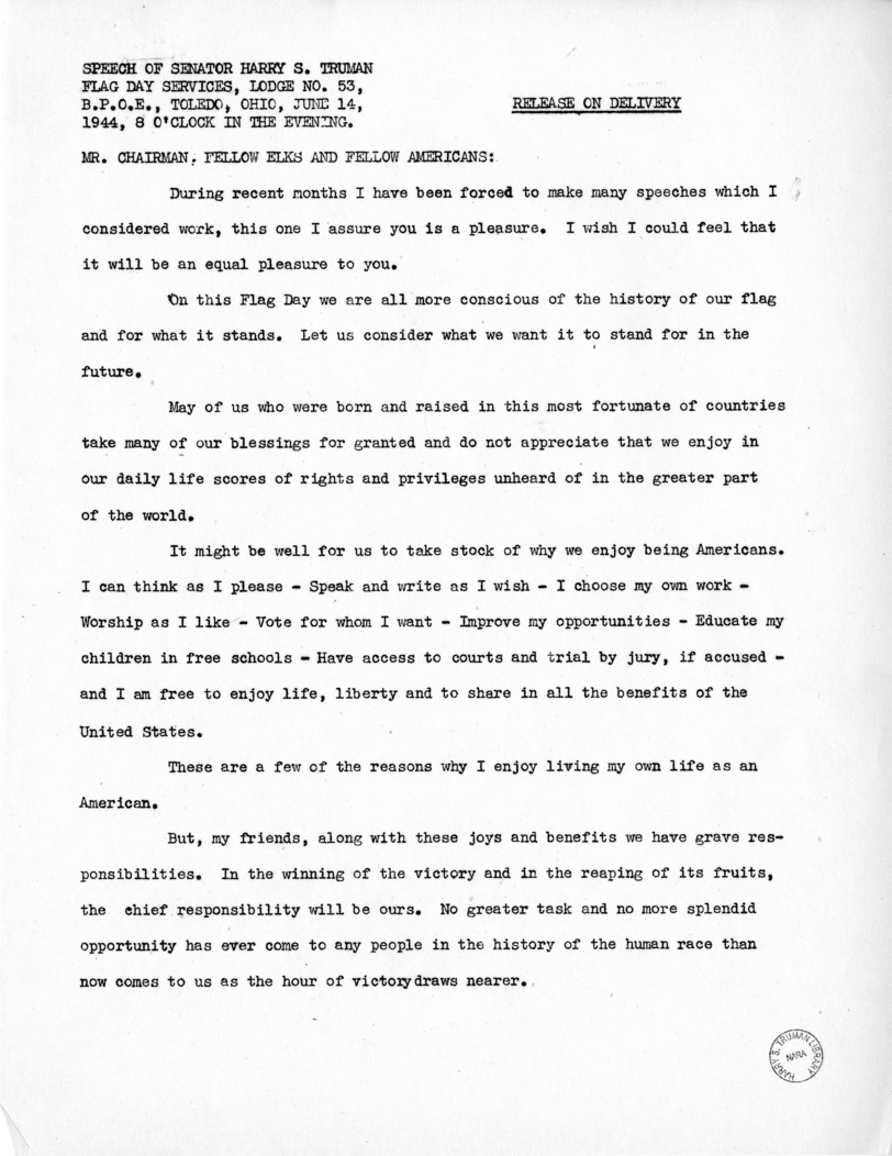 Speech of Senator Harry S. Truman at Toledo, Ohio