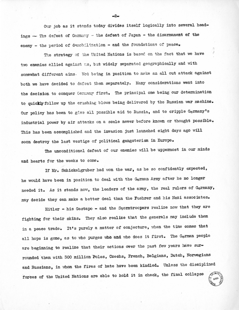 Speech of Senator Harry S. Truman at Toledo, Ohio