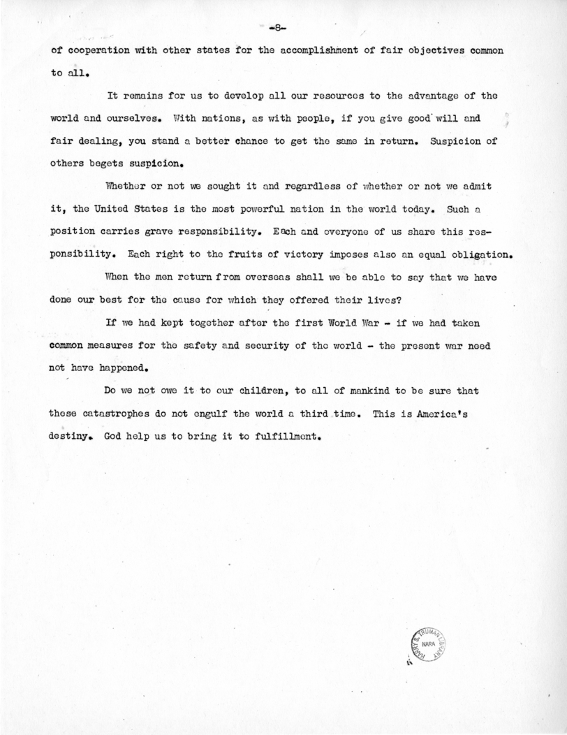 Speech of Senator Harry S. Truman at Toledo, Ohio