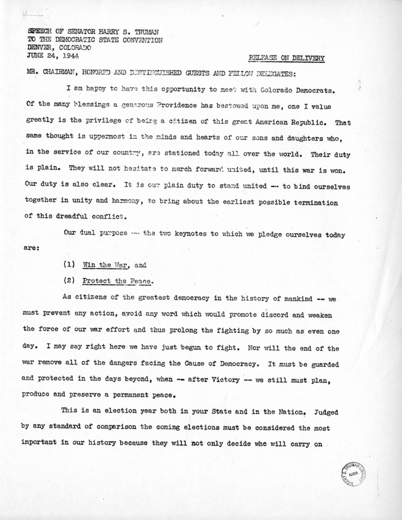 Speech of Senator Harry S. Truman to the Democratic State Convention at Denver, Colorado