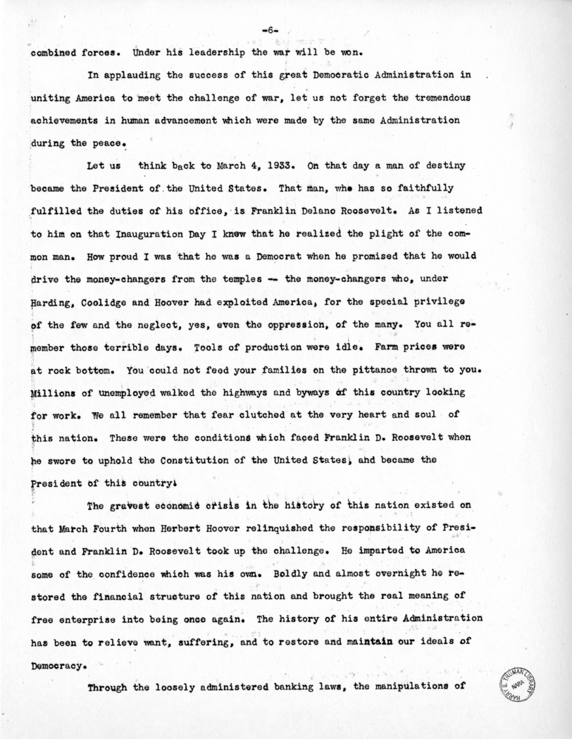 Speech of Senator Harry S. Truman to the Democratic State Convention at Denver, Colorado
