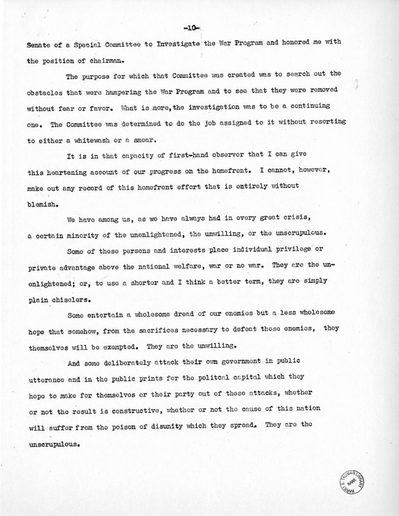 Speech of Senator Harry S. Truman to the Democratic State Convention at Denver, Colorado