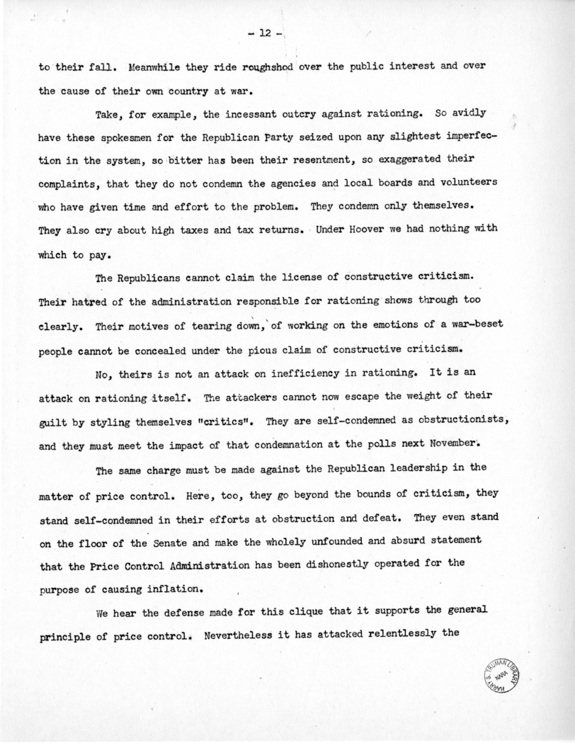 Speech of Senator Harry S. Truman to the Democratic State Convention at Denver, Colorado